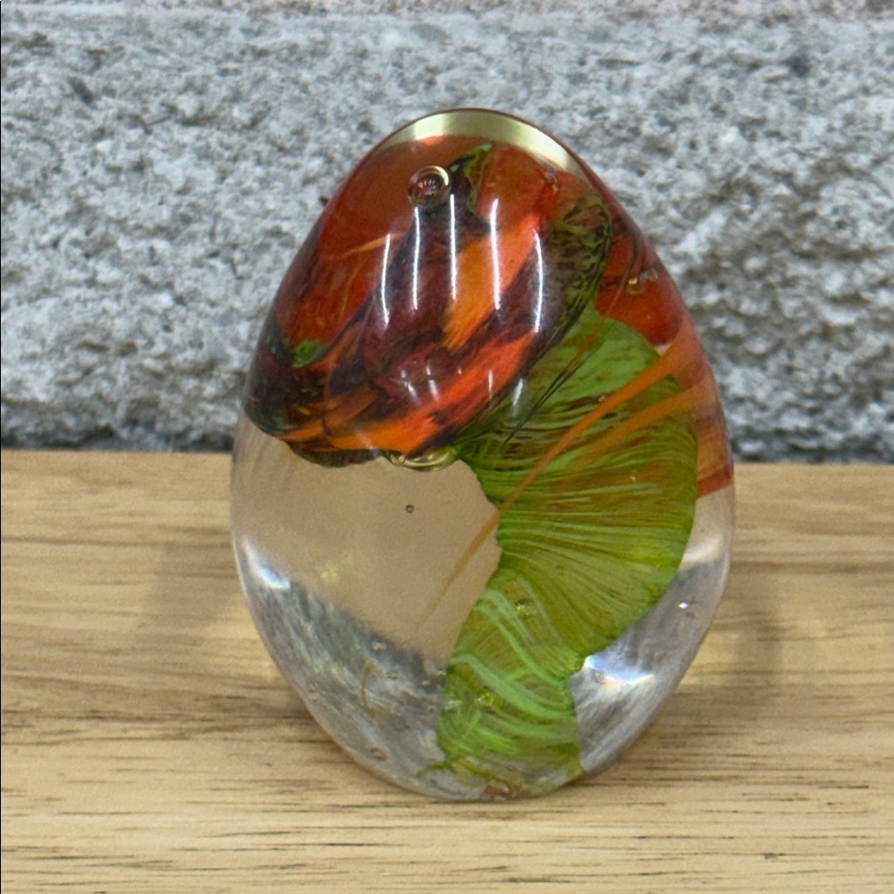Handmade Egg Shaped Glass Paperweight with Red and Green Swirl